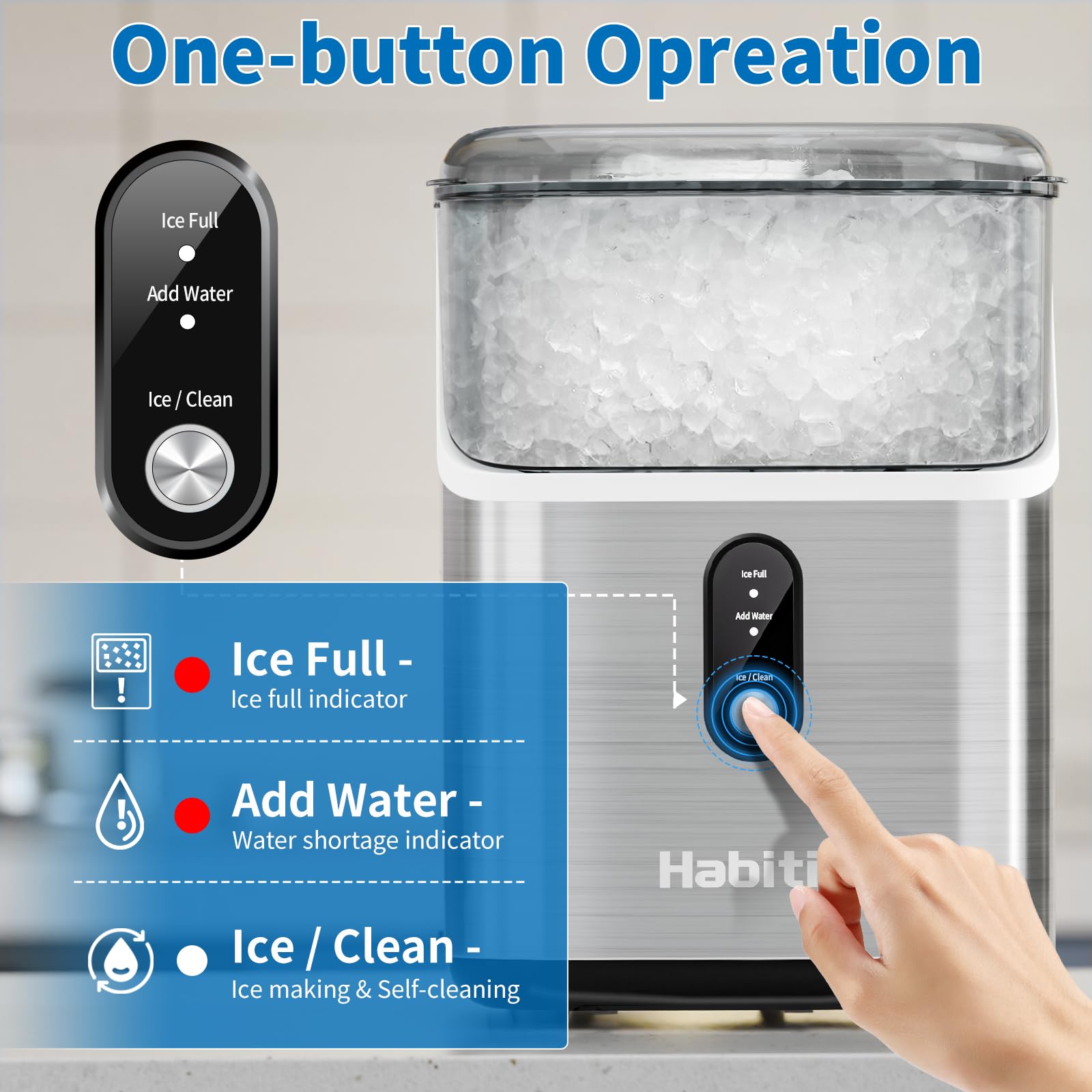 Habitio Nugget Ice Maker, One-Click Operation Countertop Ice Maker, Pebble Ice Machine with Self-Cleaning Function, 35 lbs Soft Chewable Ice Cubes /24H, Electric Pellet Ice Maker for Kitchen, Office