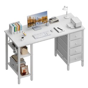 lufeiya white desk with drawers & storage shelves, 47 inch study work writing desk for home office bedroom, simple modern cute pc computer desks table, white