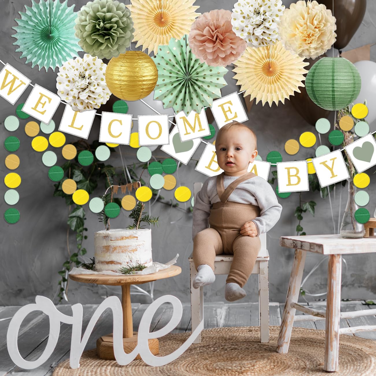 Sage Green Baby Shower Decorations Welcome Baby Banner Olive Green Gold Tissue Pom Poms, Paper Flower, Paper Lanterns, for Boy Girl Neutral Gender Reveal Baby Shower Decor