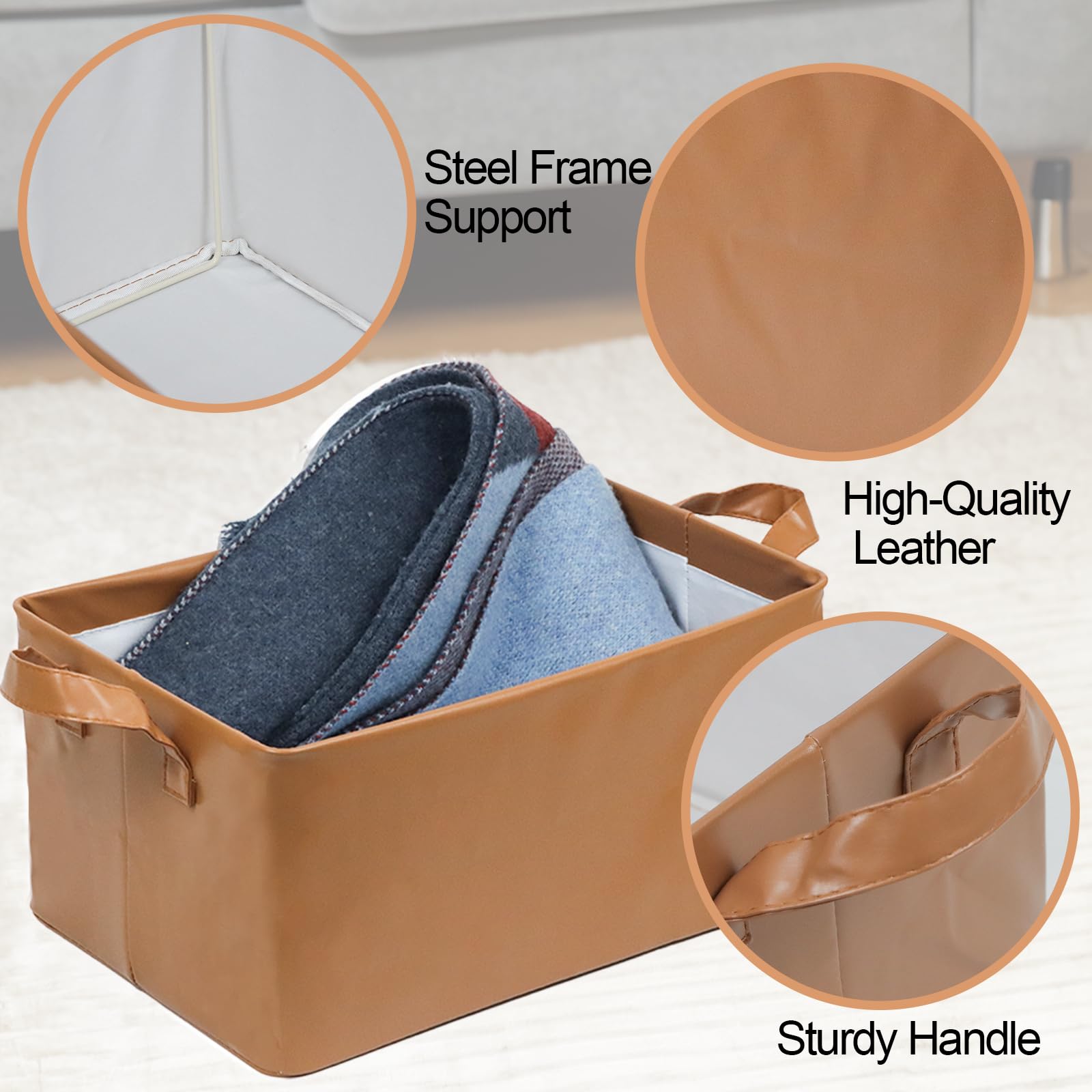 Sturdy PU Leather Storage Basket with Metal Frame, Set of 3 Folding Organizer Bins Shelf Baskets Organizing Containers Closet Storage Bin for Clothes,Baby Clothing,Toy,Book, 14.9 × 10.2 × 7.5" (Brown)