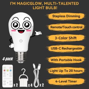 Neporal MagicGlow USB Rechargeable Light Bulbs with Remote, 3-Color Shift + 10%-100% Dimmable, Up to 20 Hours Battery Powered Light Bulb, 15W A19 LED Rechargeable Light Bulbs for Lamps with No Outlet