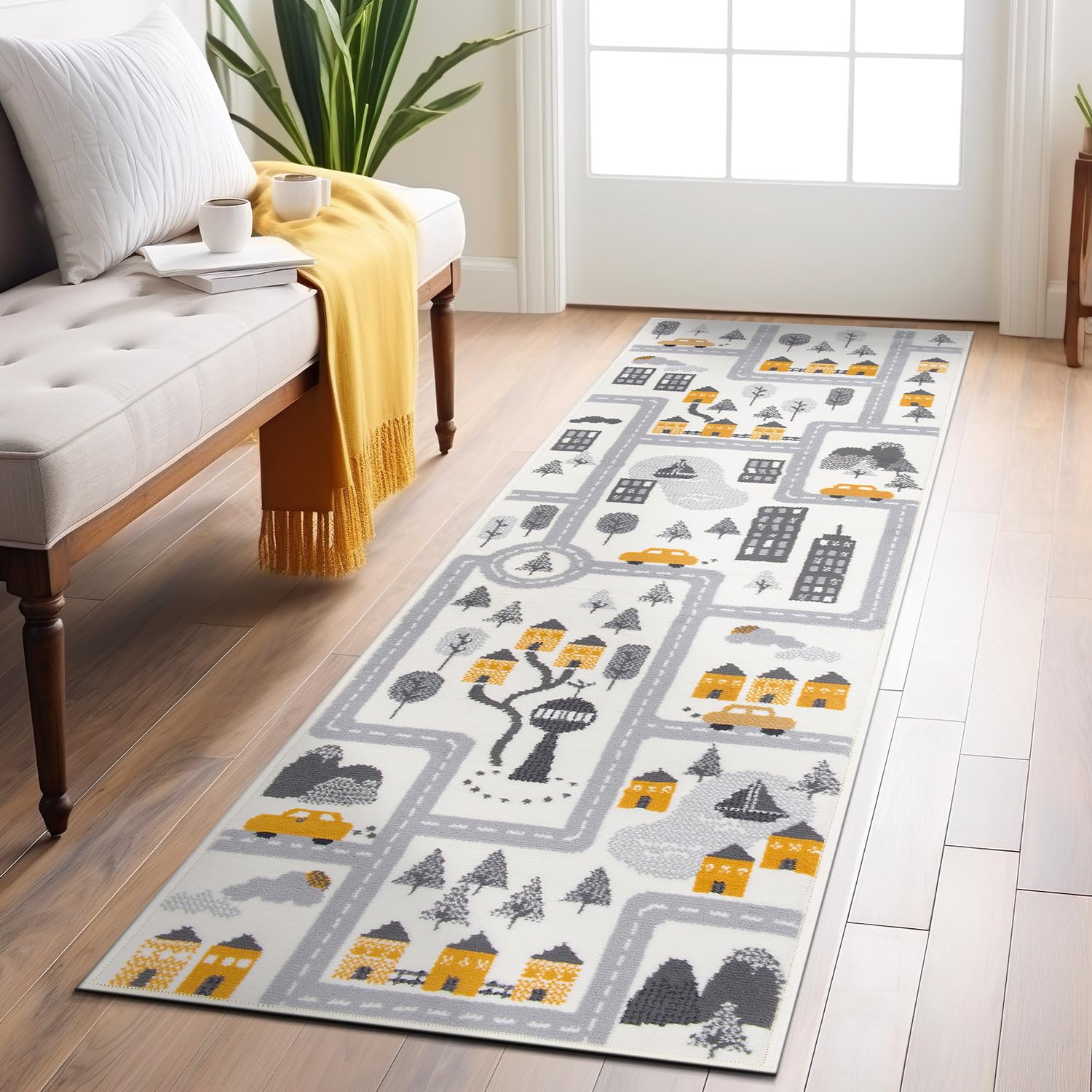 Rugshop Kids Play Road Rug for Playroom,Kidsoom,Nursery Room Interactive Cityscape for Cars and Toys Indoor Soft Runner Rug 2'x7' Cream