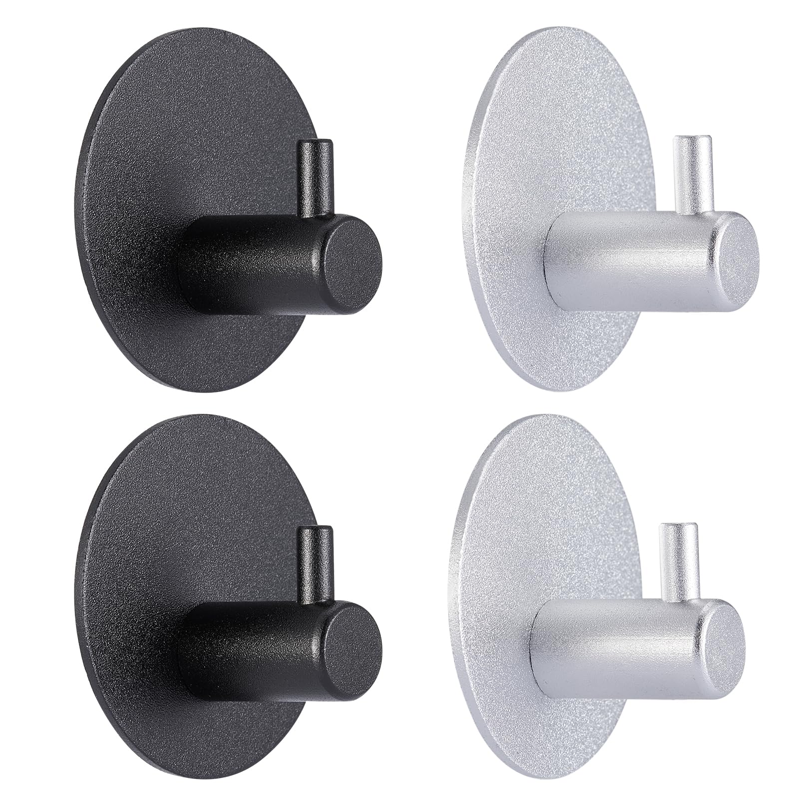 Anyffei 4Pack Adhesive Towel Hooks, Black and Silver Matte Towel Hooks Heavy Duty Waterproof Stainless Wall Hooks for Coat/Robe/Towels Stick on Bathroom/Kitchen