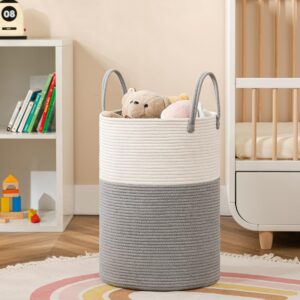 UBBCARE Tall Cotton Rope Laundry Hamper 15 x 20 inches, Large Grey Laundry Basket with Handles, Woven Storage Blankets Basket, Dirty Clothes Hamper for Living room, Bedroom