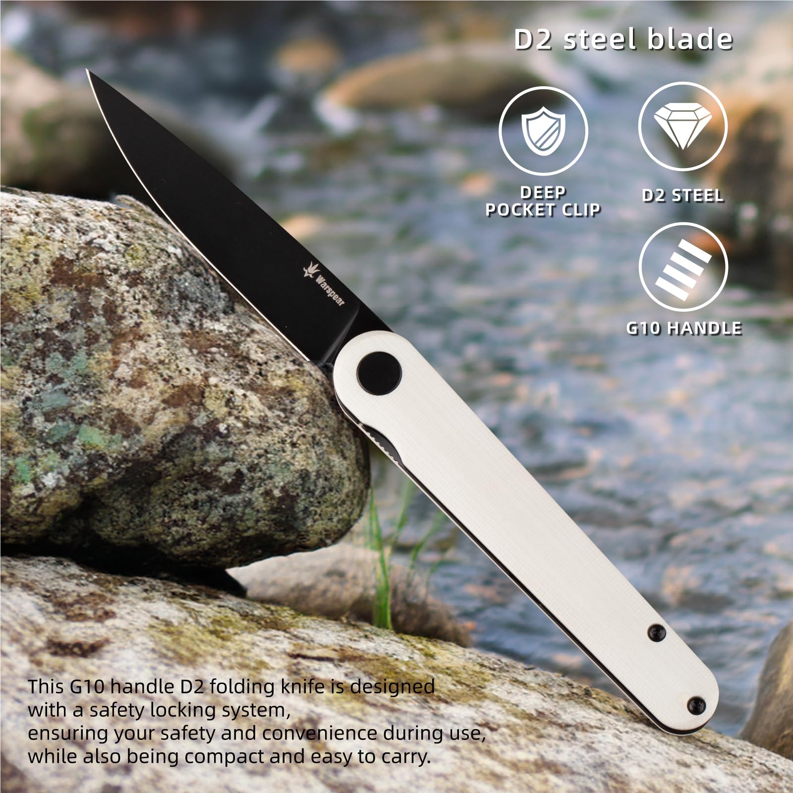 Warspear Terima Front Flipper Folding Knife 3.5" Black PVD D2 Blade White G10 Handle Camping Pocket Knife With Deep Carry Clip Outdoor EDC WP901WH