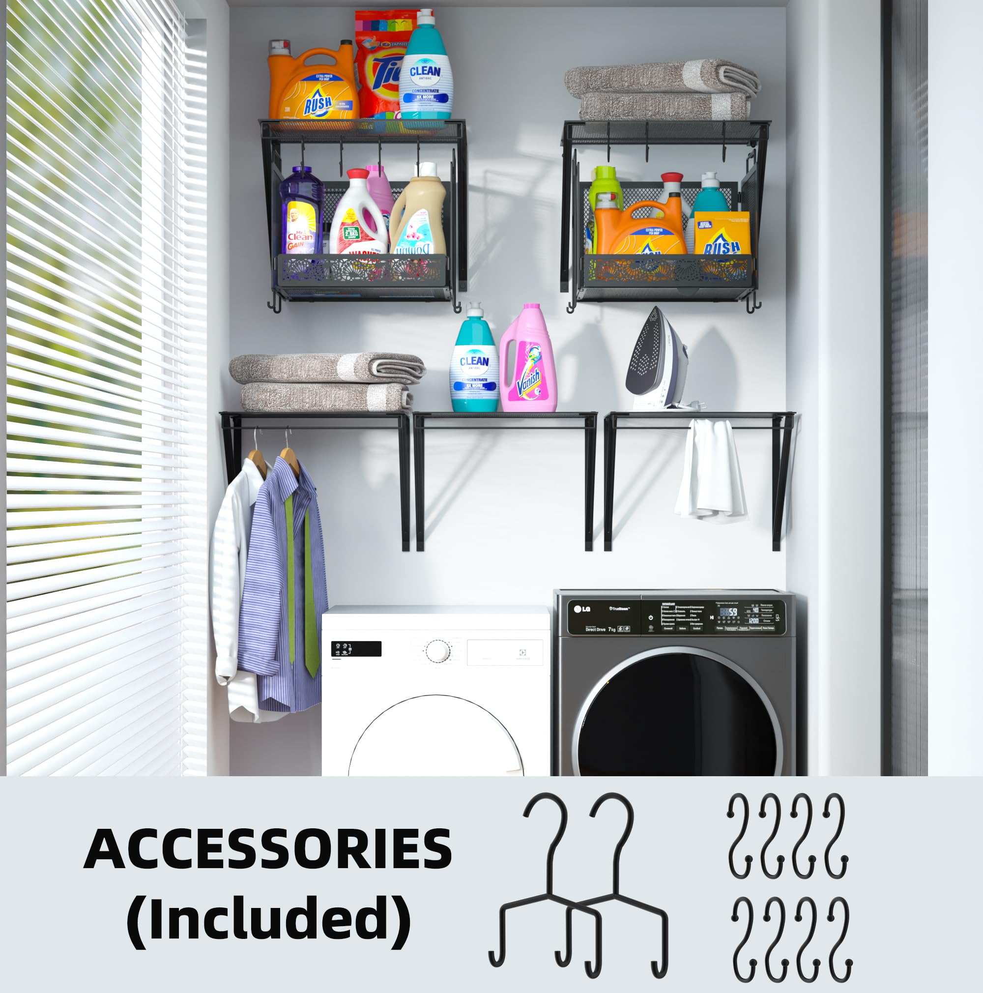 vimiroo 4 Pack Laundry Room Shelves with Steel Mesh Baskets, Easy Install Laundry Room Organization and Storage, Over The Washer and Dryer Shelf with Clothes Drying Rack with 10 Hook