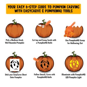 Halloween PumpKin Carving Party Kit – 8 Pcs Knives, Scoops, DIY Stencil Sheets, Gut Buckets & Table Cover – Heavy Duty Pumpkin Carving Kit for Halloween Door Decorations – Designed for 8 people