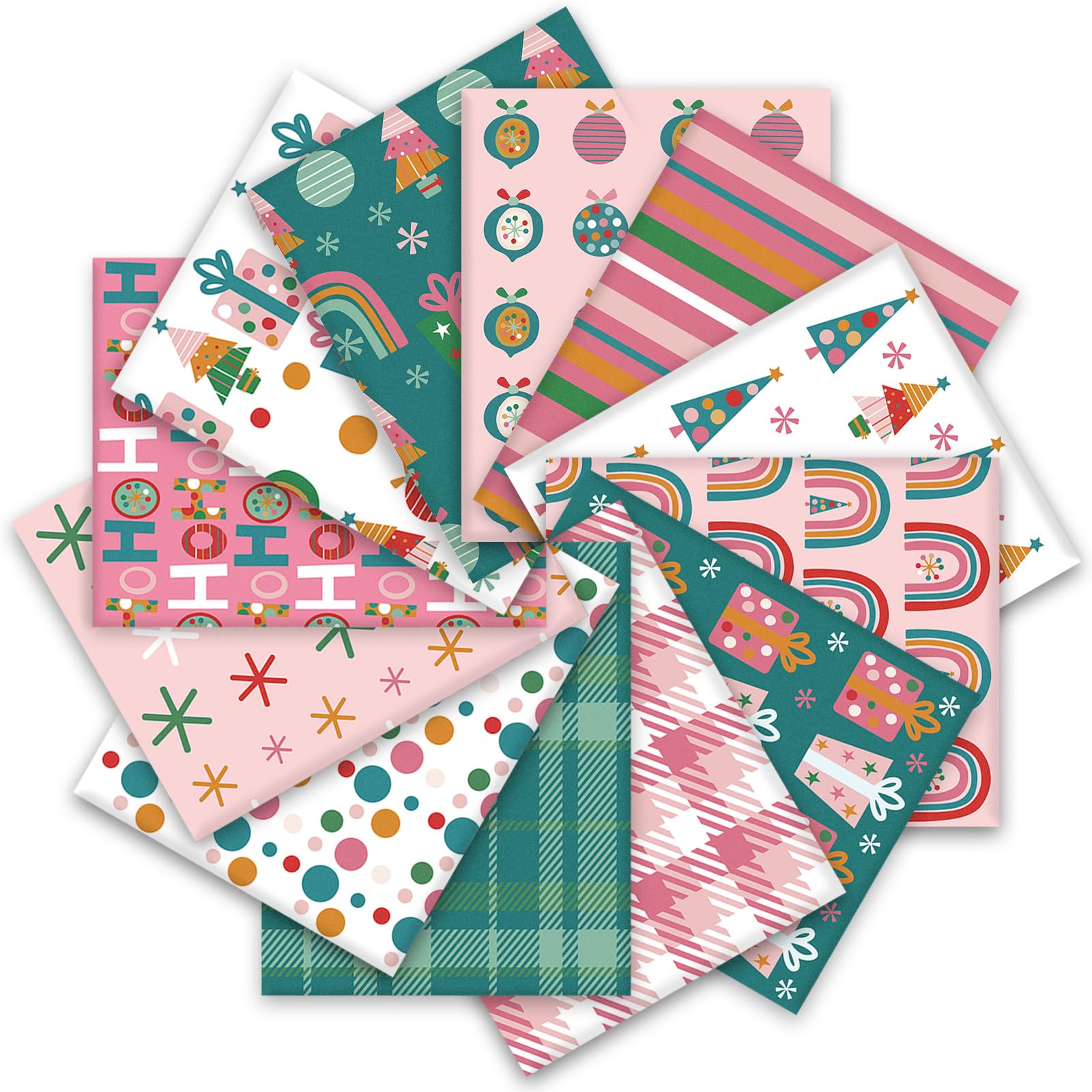 Whaline 12Pcs Christmas Cotton Fabric Bundles Xmas Tree Snowflake Gift Box Fat Quarters Pink Green Checkered Printed Sewing Fabrics for DIY Handmade Crafting, 18 x 22 Inch