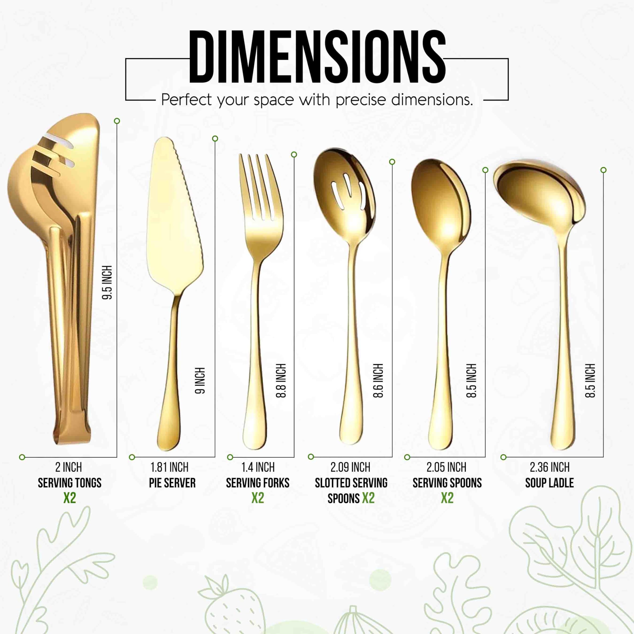 NEXNEOM Serving Utensils Set Gold 10-Piece - Stainless Steel Stunning Mirror-Finish, Lightweight, Dishwasher Safe - Includes Slotted Spoons, Forks, Tongs, Ladle, and Pie Server for buffet & parties