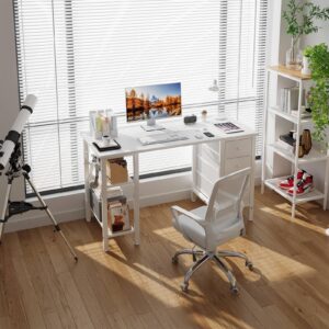 Lufeiya White Desk with Drawers & Storage Shelves, 47 Inch Study Work Writing Desk for Home Office Bedroom, Simple Modern Cute PC Computer Desks Table, White