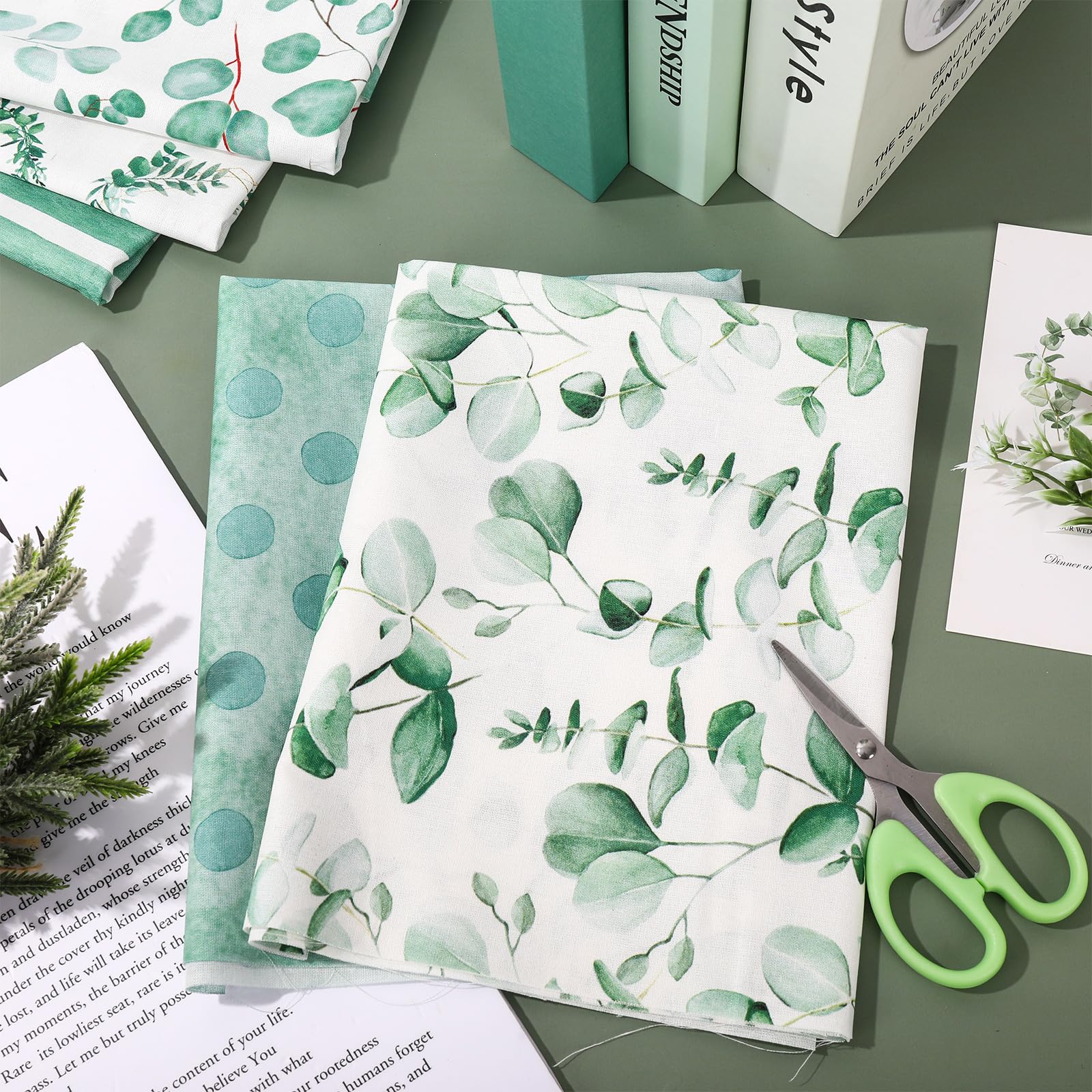 Whaline 12Pcs Greenery Cotton Fabric Bundles Watercolor Green Eucalyptus Leaves Fat Quarters Sewing Fabrics for DIY Handmade Crafting, 18 x 22 Inch