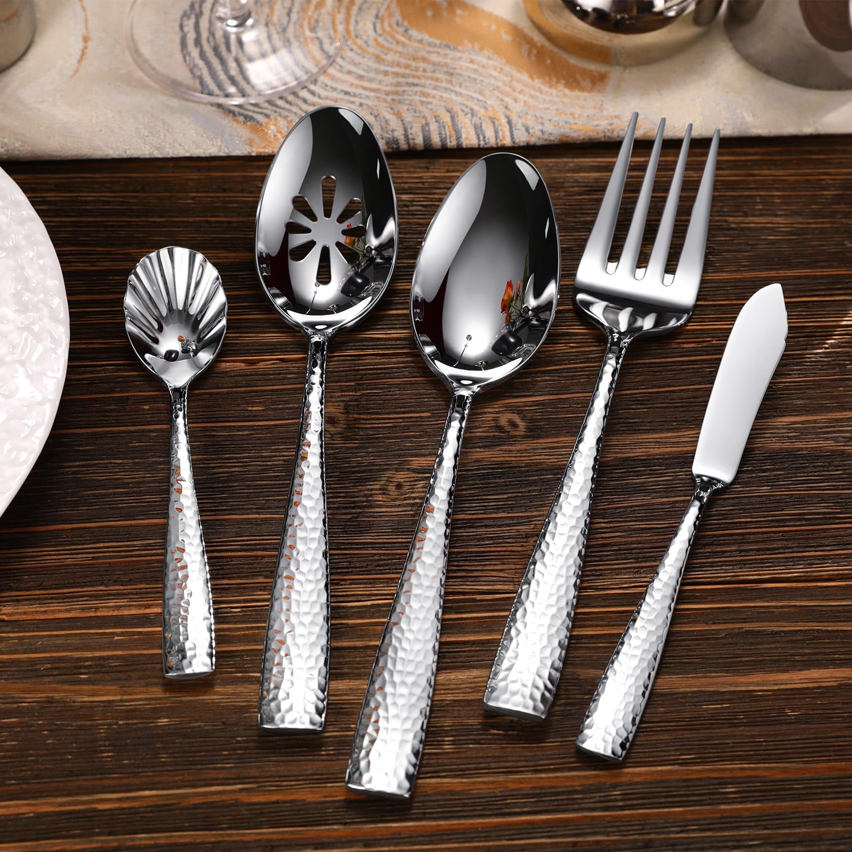 KEAWELL Premium Louis Hammered Serving Spoons, 18/10 Stainless Steel, Fine Spoon Set with Squared Edge, Dishwasher Safe, Silver Serving utensils (Hostess Serving Utensil Set)