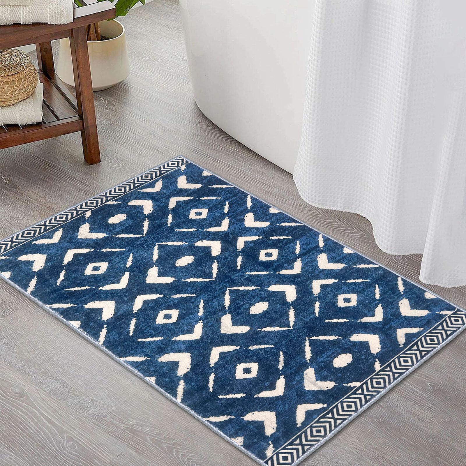 KILOCOCO Small Rug 2'x3' Entryway Rug Printed Moroccan Rug Indoor Door Mat Machine Washable Non Slip Soft Throw Rug for Bedroom Kitchen Entrance Geometric Boho Rug, Blue