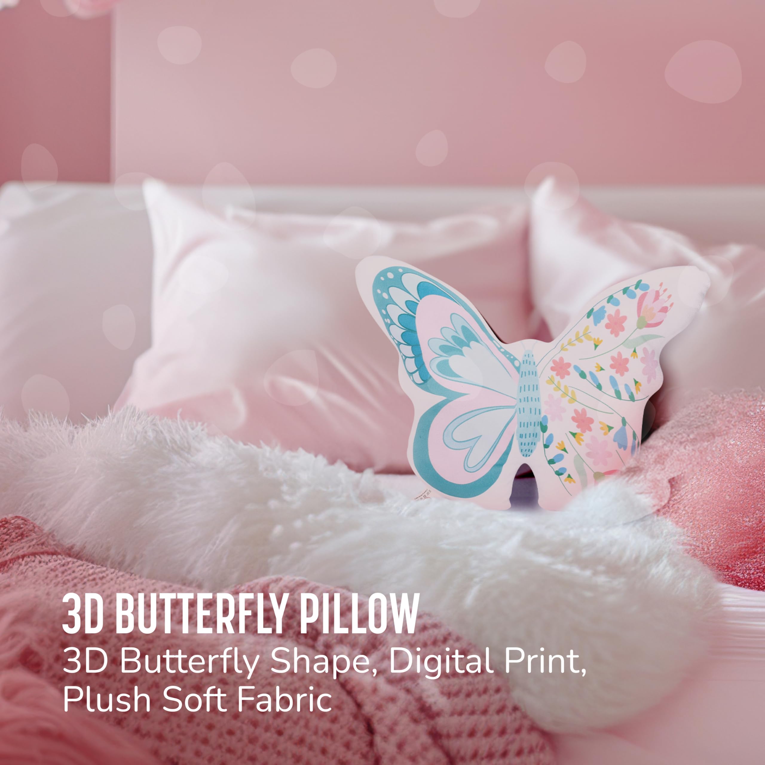 PixieCrush Butterfly Pillow - Butterfly Room Decor - Decorative Flower Throw Pillow - Stuffed Butterfly - Soft & Plush Butterfly Stuffed - Pink Butterfly Throw Pillow - Butterfly Plush