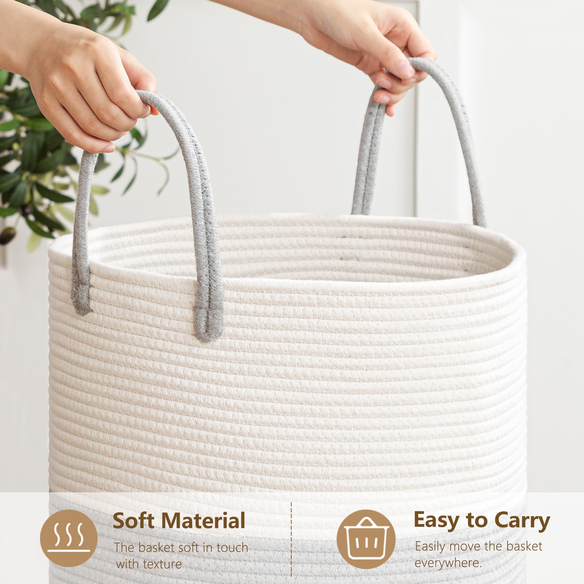 UBBCARE Tall Cotton Rope Laundry Hamper 15 x 20 inches, Large Grey Laundry Basket with Handles, Woven Storage Blankets Basket, Dirty Clothes Hamper for Living room, Bedroom