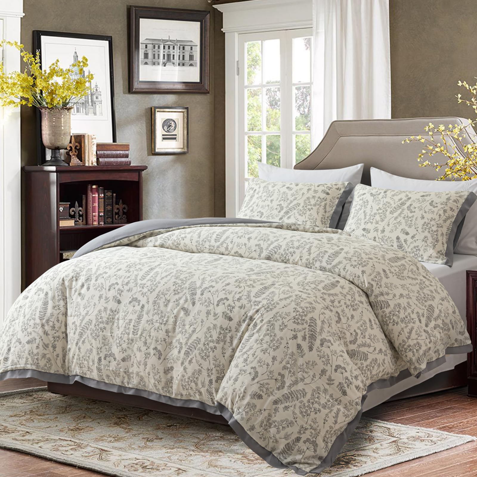 VARSDEN Soft Floral Double-Sided Zipper Duvet Cover Set - 3 Piece Set, Countryside Style, Dual Tone, Exquisite Print (Queen(90"X90"), Gray)