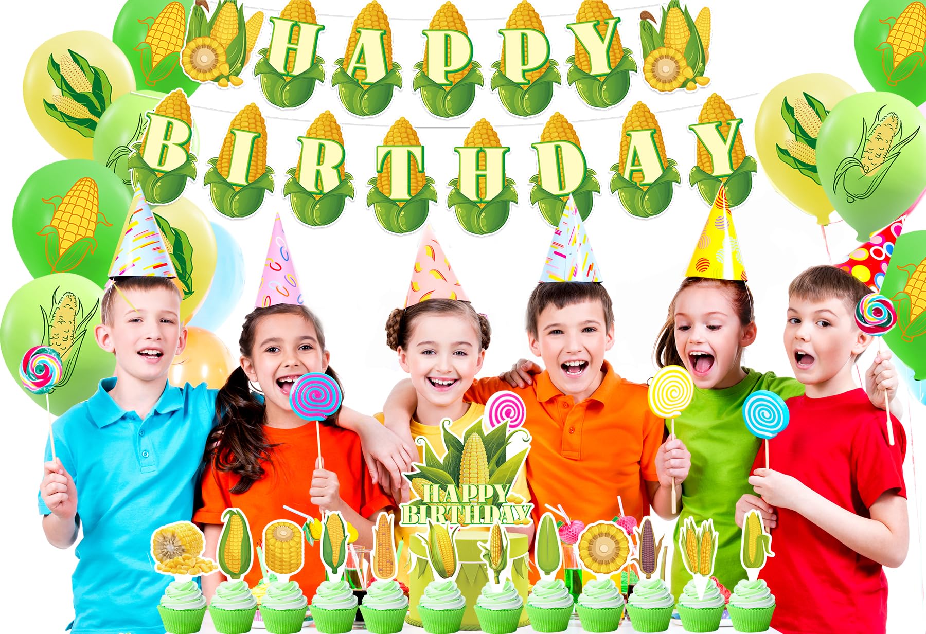 Corn Party Decorations Vegetable Corn Birthday Party Supplies Includes Corn Happy Birthday Banner Cake Topper Cupcake Toppers Balloons for Birthday Baby Shower Wedding Vegetable Party Decorations