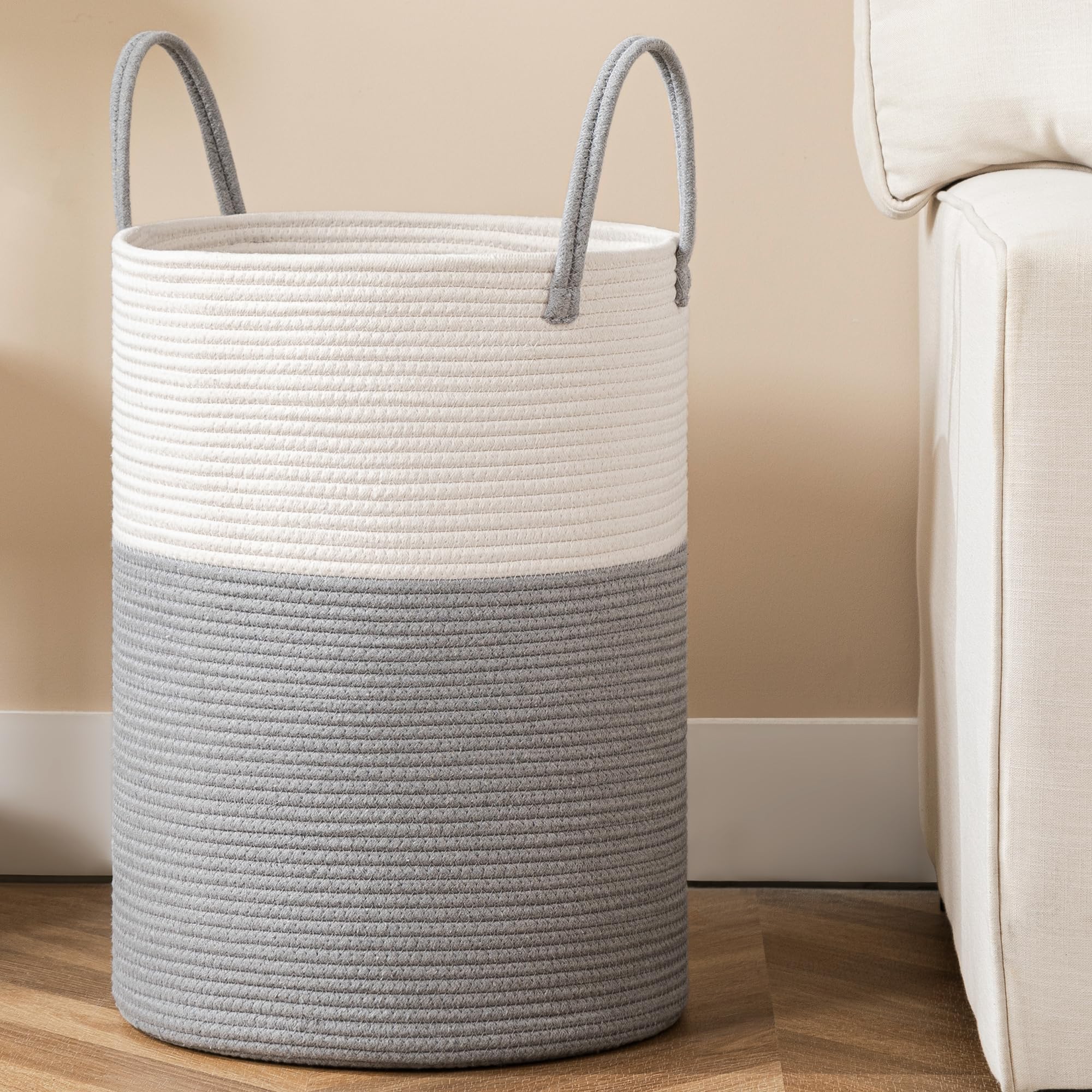 UBBCARE Tall Cotton Rope Laundry Hamper 15 x 20 inches, Large Grey Laundry Basket with Handles, Woven Storage Blankets Basket, Dirty Clothes Hamper for Living room, Bedroom