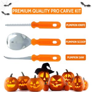 Pumpkin Carving Kit – Stainless Steel tools including 2 serrated Knives and 1 Scoop for scraping – Professional Heavy Duty Pumpkin Carving Kit for beginners and pros for Halloween Door Decorations