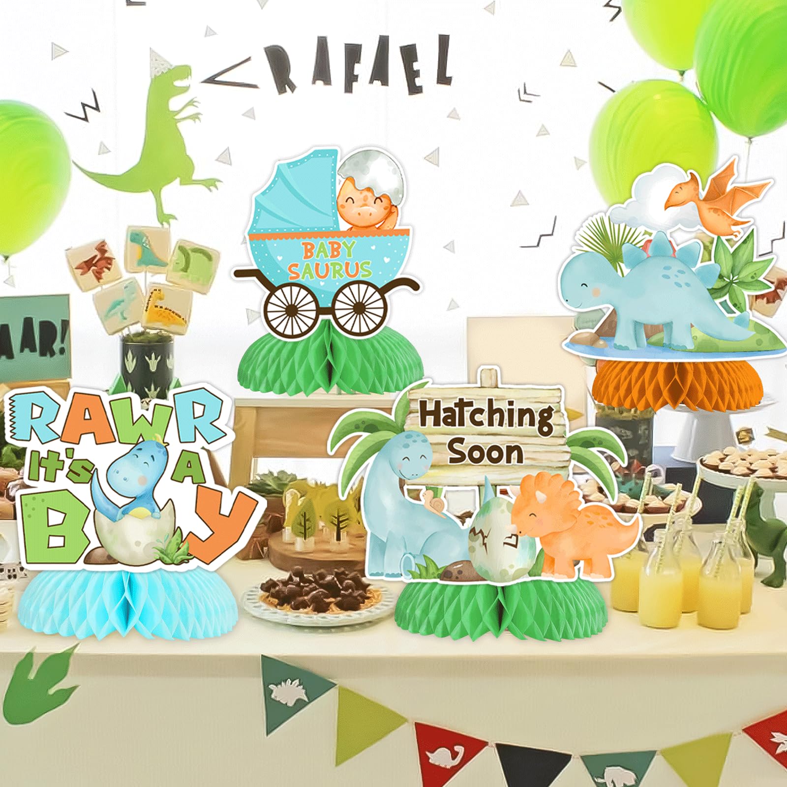 JOYMEMO 8 Pieces Dinosaur Baby Shower Honeycomb Centerpieces for Boys, Hatching Soon Baby Shower Table Decorations, Rawr Its A Boy Dinosaur Themed Party Supplies