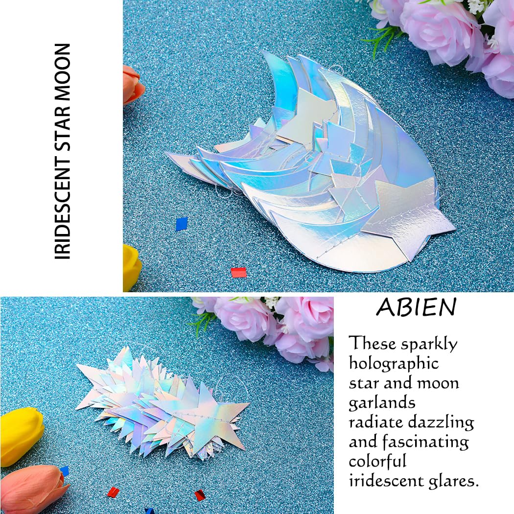 Abien Moon Star Garland Decorations Holographic Hanging Decor Party Streamers Silver Twinkle Star Banner Backdrop for Baby Shower Birthday Wedding Engagement Disco Sparkly Party Decorations 4PCS