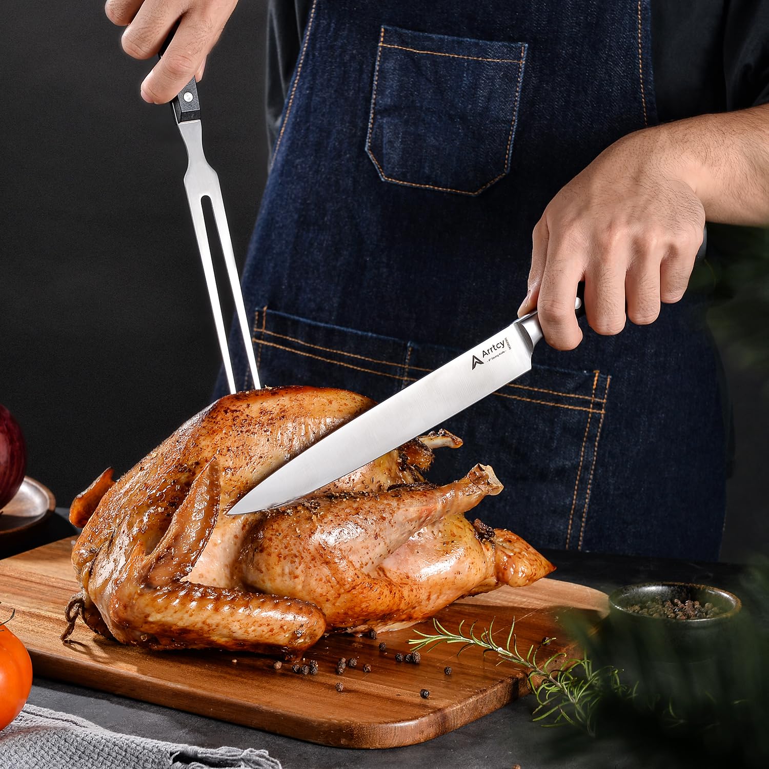 Arrtcy Turkey Carving Set,Full Tang Ergonomic Handle Carving Knife and Fork,German Stainless Steel Kitchen Tools for Turkey, Ham, BBQ,Includes Carving Fork & Knife with Gift Box