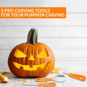 Pumpkin Carving Kit – Stainless Steel tools including 2 serrated Knives and 1 Scoop for scraping – Professional Heavy Duty Pumpkin Carving Kit for beginners and pros for Halloween Door Decorations