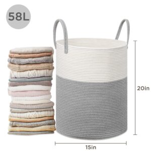 UBBCARE Tall Cotton Rope Laundry Hamper 15 x 20 inches, Large Grey Laundry Basket with Handles, Woven Storage Blankets Basket, Dirty Clothes Hamper for Living room, Bedroom