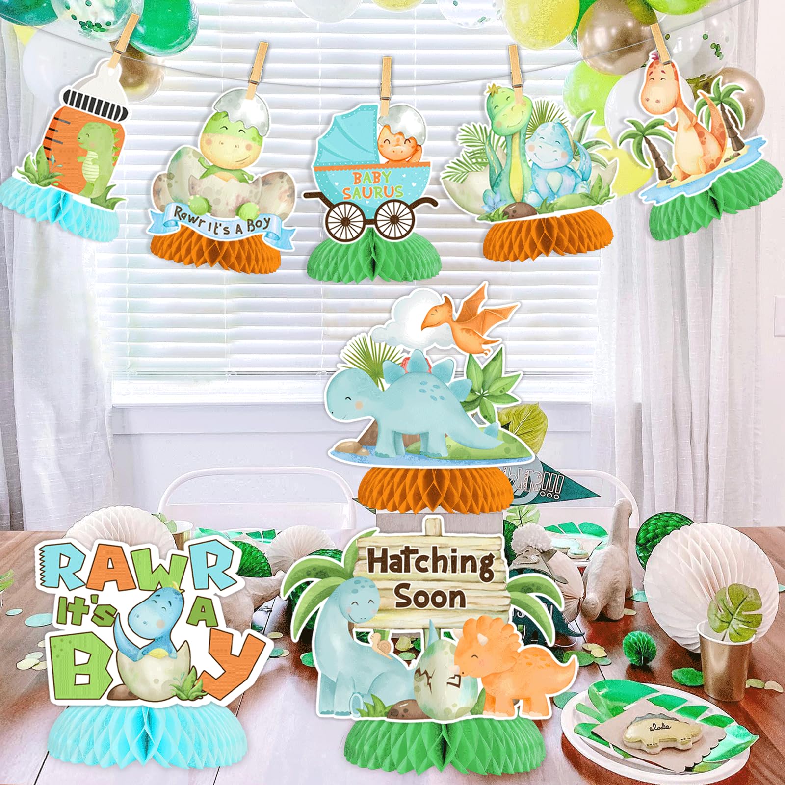 JOYMEMO 8 Pieces Dinosaur Baby Shower Honeycomb Centerpieces for Boys, Hatching Soon Baby Shower Table Decorations, Rawr Its A Boy Dinosaur Themed Party Supplies