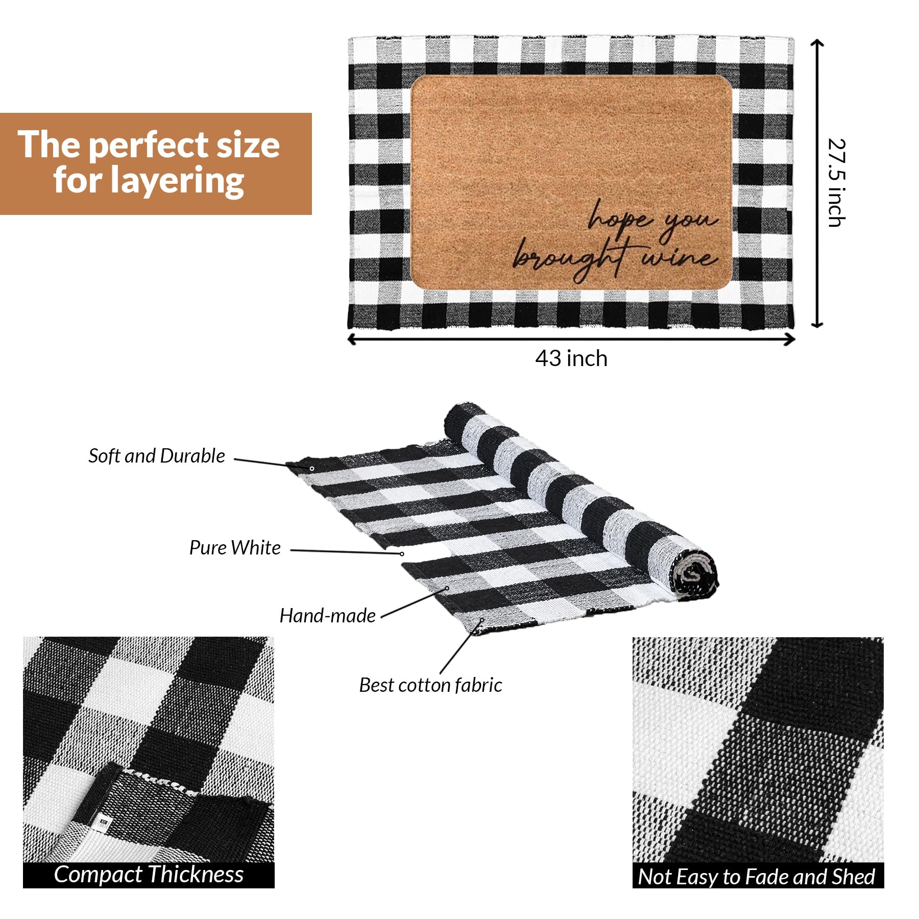 HOMEMONDE Cotton Buffalo Plaid Rug 27.5" x 43" | Black and White Checked Washable Doormat Reversible | Indoor and Outdoor Area Rug for Layered Front Door Mats, Porch, Kitchen, Farmhouse, Entryway