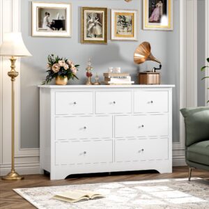 FOTOSOK White Dresser 7 Drawer with 19'' Deeper Depth, 47.2'' White Chest of Drawers Modern Dresser with Metal Handles, White Dresser Chest of Drawers with Large Drawer Storage Space for Home