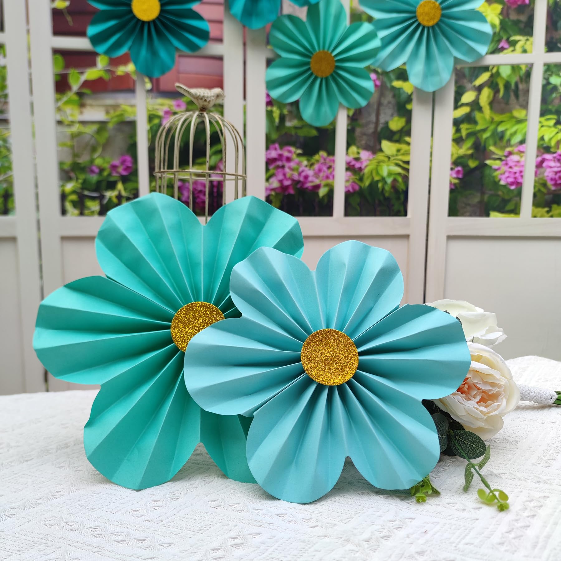 Mybbshower Teal Turquoise Aqua Paper Fan Flower for Floral Wedding Backdrop Hanging Decor Birthday Centerpieces for Table Wedding Baby Bridal Shower Pack of 9