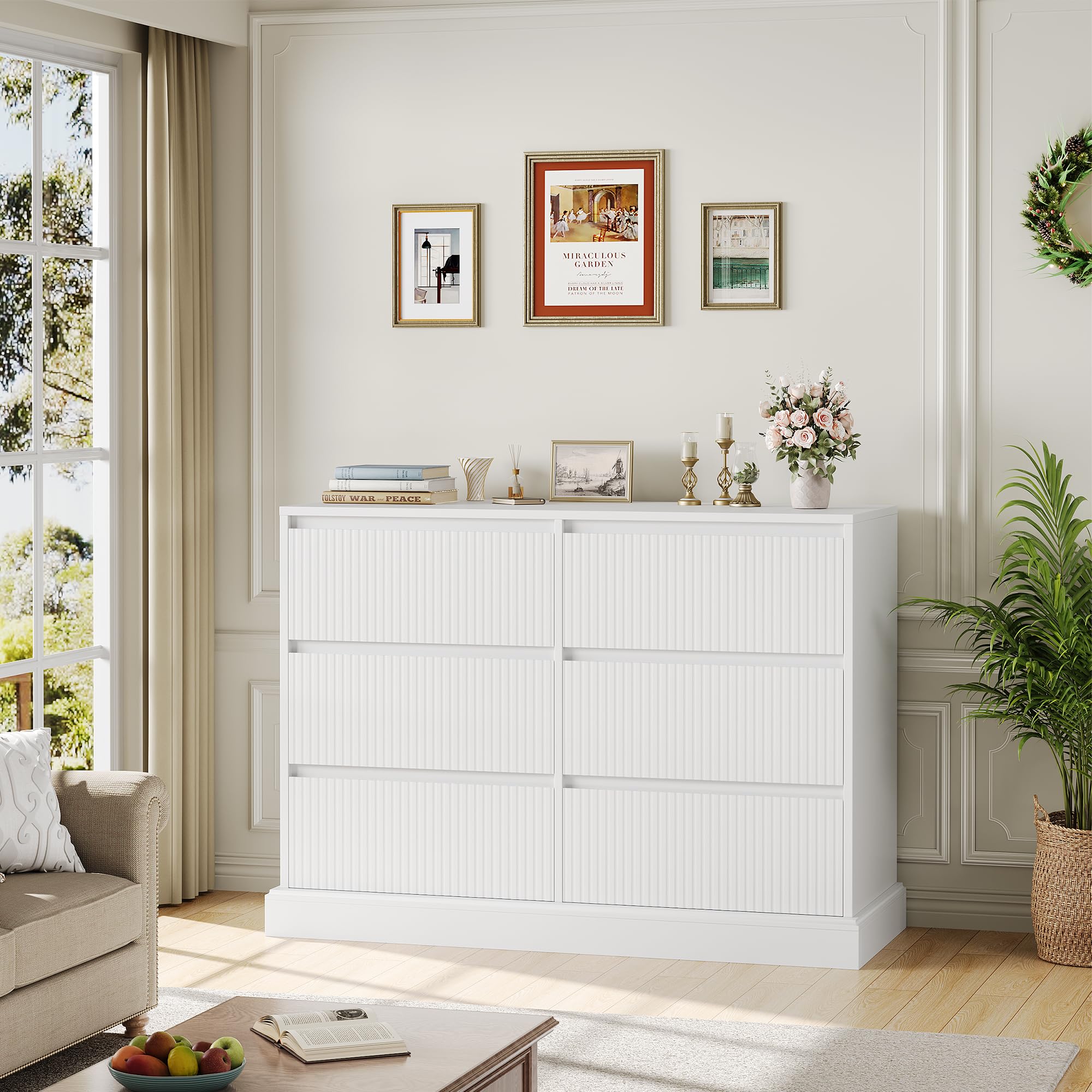 HOSTACK White Dresser for Bedroom, Modern 6 Drawer Dresser, Double Dresser Chest of Drawers with Wavy Pattern | Handleless Drawers, Wood Storage Dresser Cabinet for Living Room, Hallway, Entryway