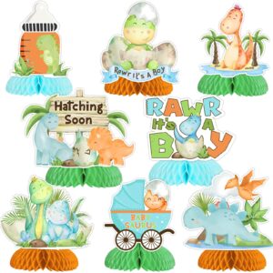 joymemo 8 pieces dinosaur baby shower honeycomb centerpieces for boys, hatching soon baby shower table decorations, rawr its a boy dinosaur themed party supplies