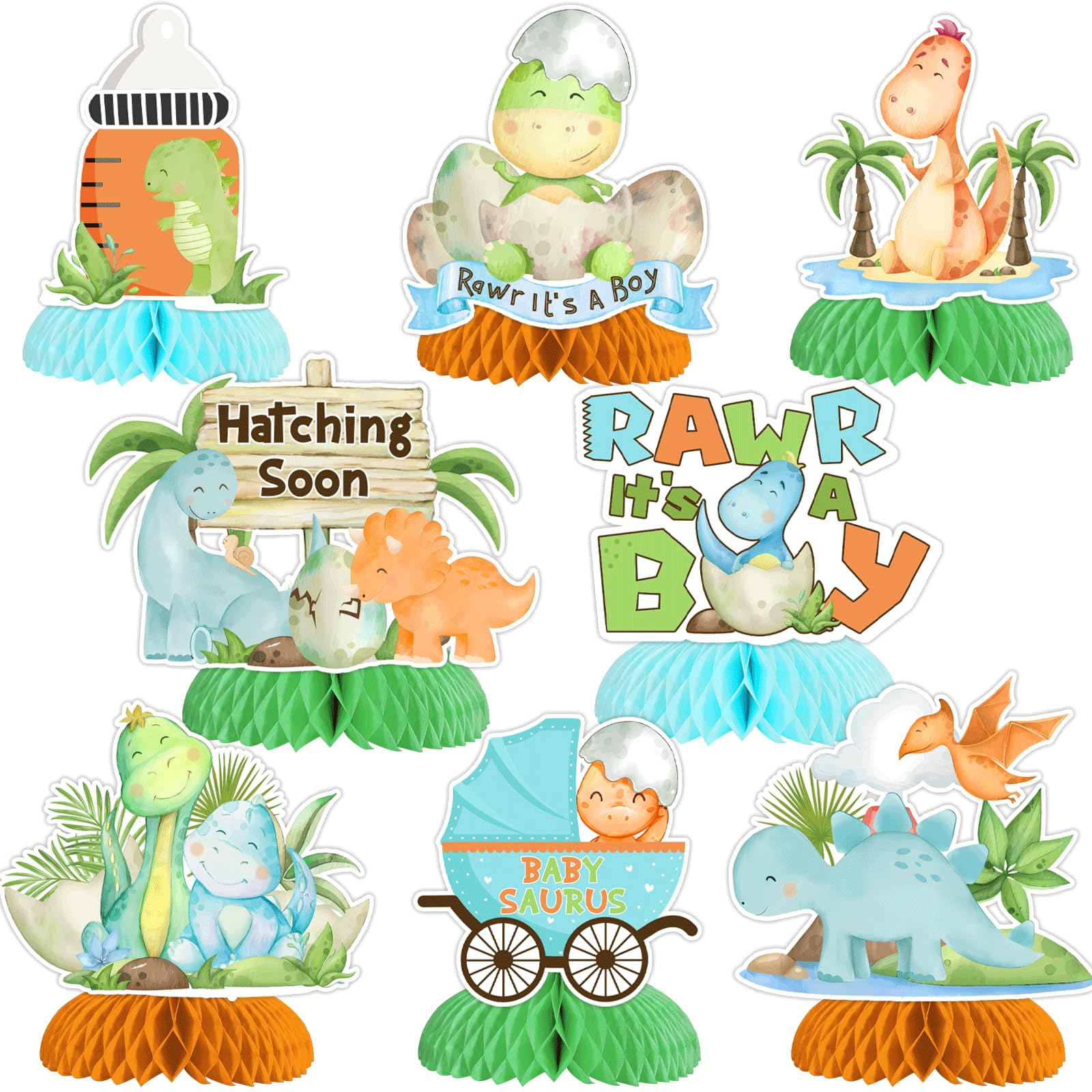 JOYMEMO 8 Pieces Dinosaur Baby Shower Honeycomb Centerpieces for Boys, Hatching Soon Baby Shower Table Decorations, Rawr Its A Boy Dinosaur Themed Party Supplies