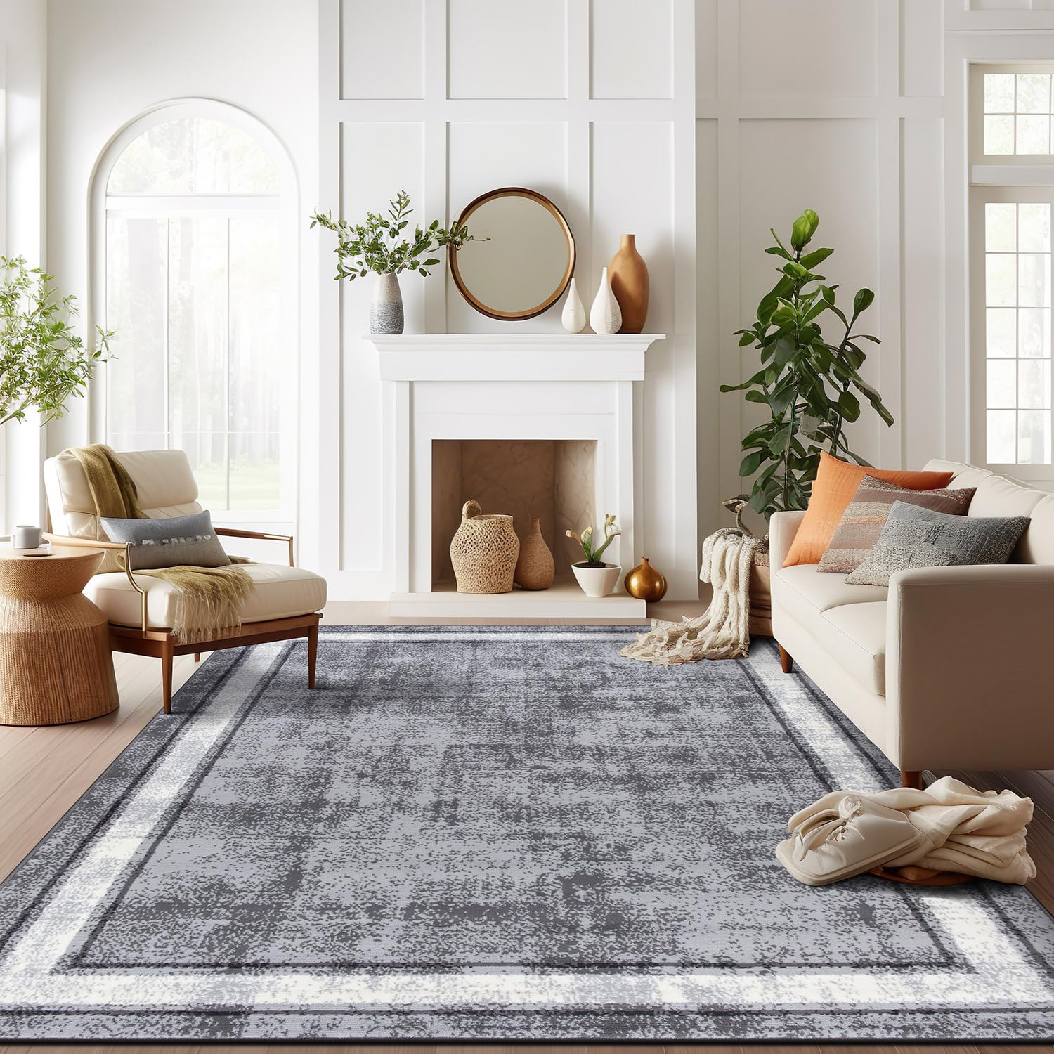 Rugshop Contemporary Distressed Bordered Soft Area Rug 5' x 7' Gray