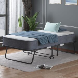 PUREMIND Folding Bed with 4 Inches Mattress, Portable Rollaway Guest Bed for Adults with Metal Frame & Swivel Wheels, Twin Size Foldable Bed Fold Away Bed Space Saving