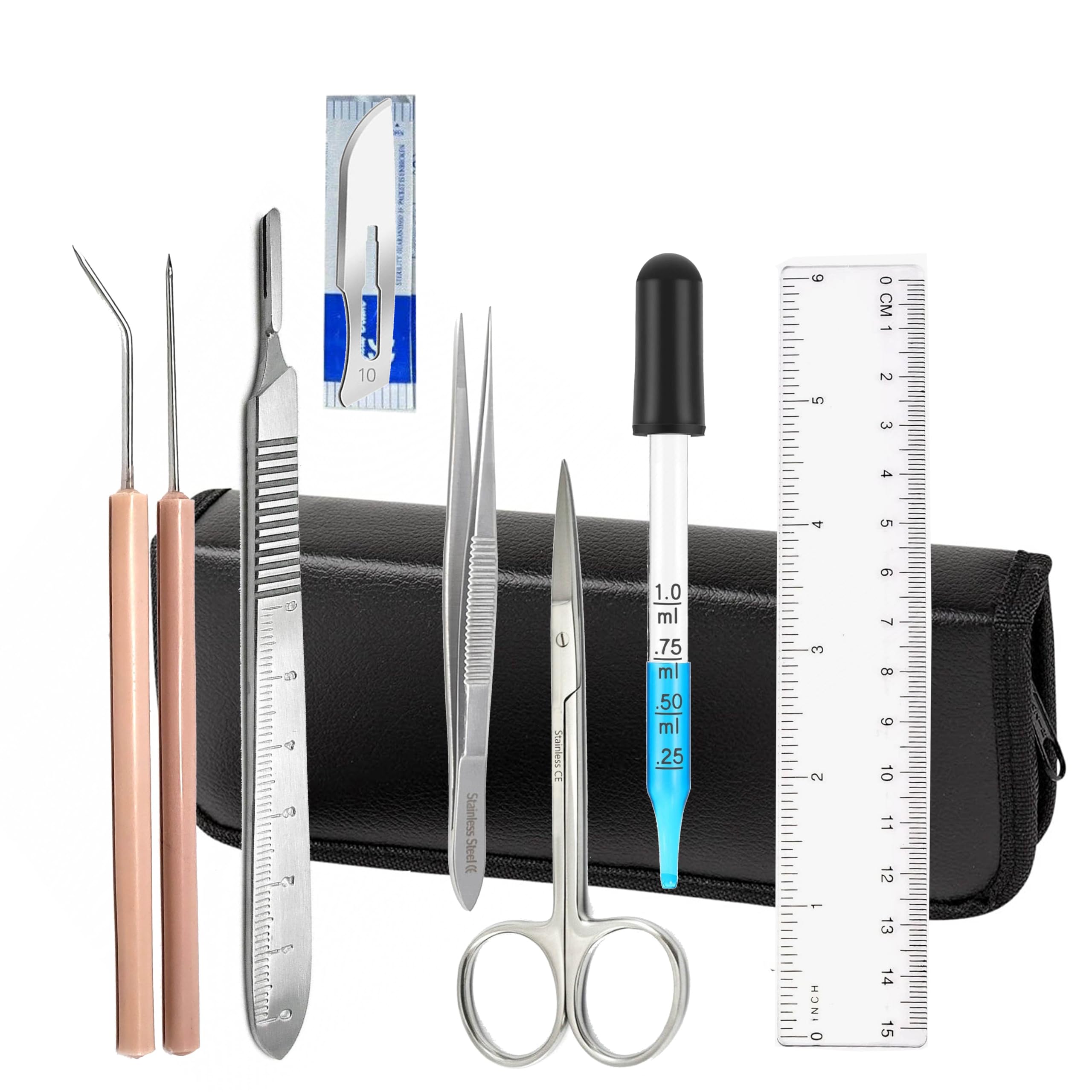 A2Z Scilab - Budget Dissection Kit for High School and College Dissections - 17 PC Kit With Glass Dropper in a Compact Zippered Case - Stainless Steel Instruments with FREE Scalpel Blades