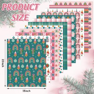 Whaline 12Pcs Christmas Cotton Fabric Bundles Xmas Tree Snowflake Gift Box Fat Quarters Pink Green Checkered Printed Sewing Fabrics for DIY Handmade Crafting, 18 x 22 Inch