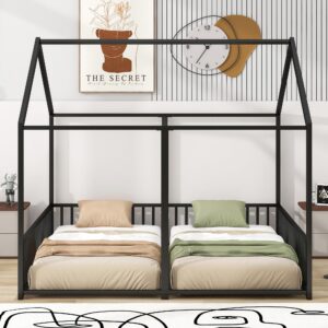 Harper & Bright Designs Twin House Bed for 2 Kids, Double Shared Size Kids Beds, Metal Twin Size Bed Frame, Montessori Floor Kids,Teens, Boys & Girls, Can Be Decorated Tent (Double Twin, Black)