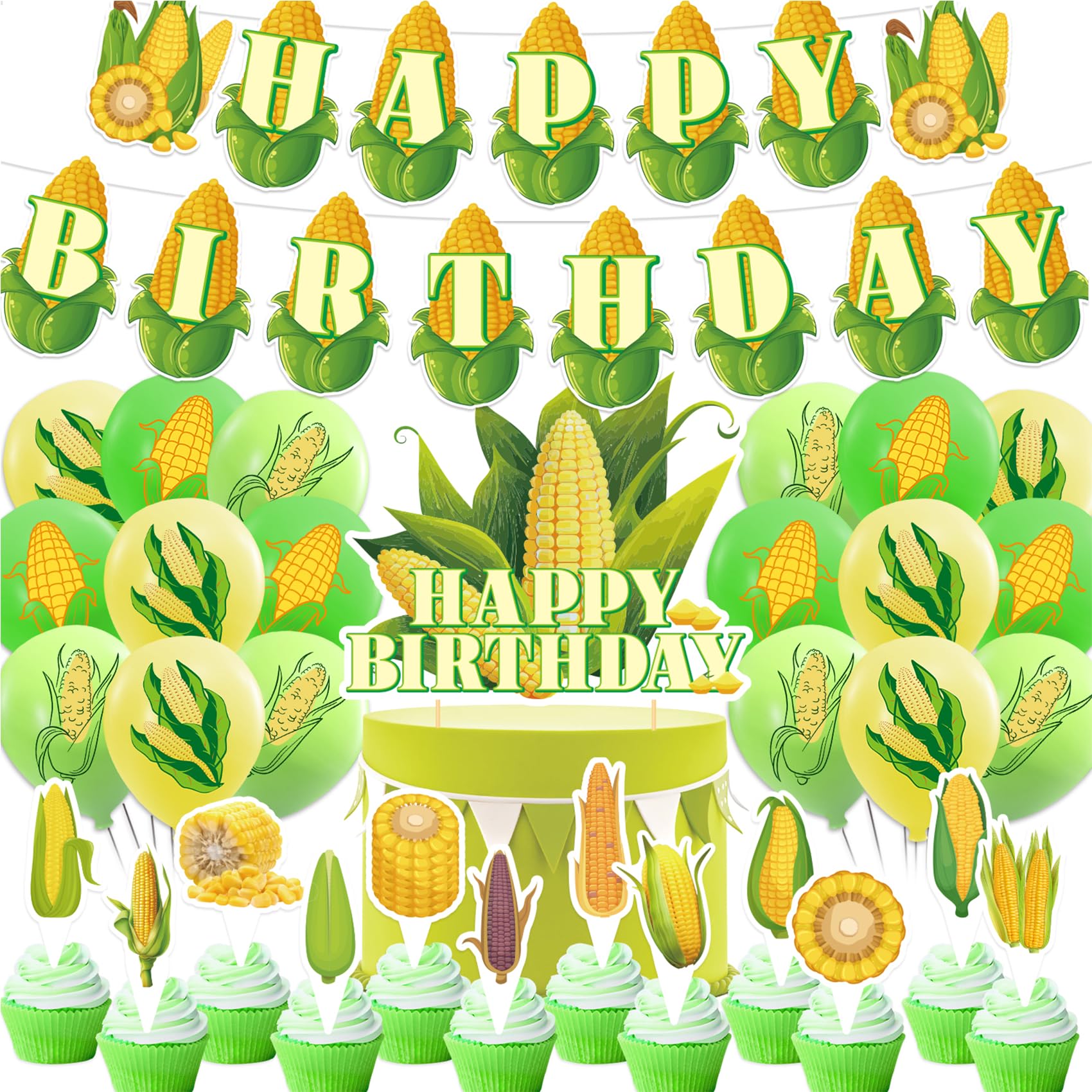 Corn Party Decorations Vegetable Corn Birthday Party Supplies Includes Corn Happy Birthday Banner Cake Topper Cupcake Toppers Balloons for Birthday Baby Shower Wedding Vegetable Party Decorations