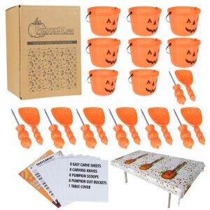 halloween pumpkin carving party kit – 8 pcs knives, scoops, diy stencil sheets, gut buckets & table cover – heavy duty pumpkin carving kit for halloween door decorations – designed for 8 people