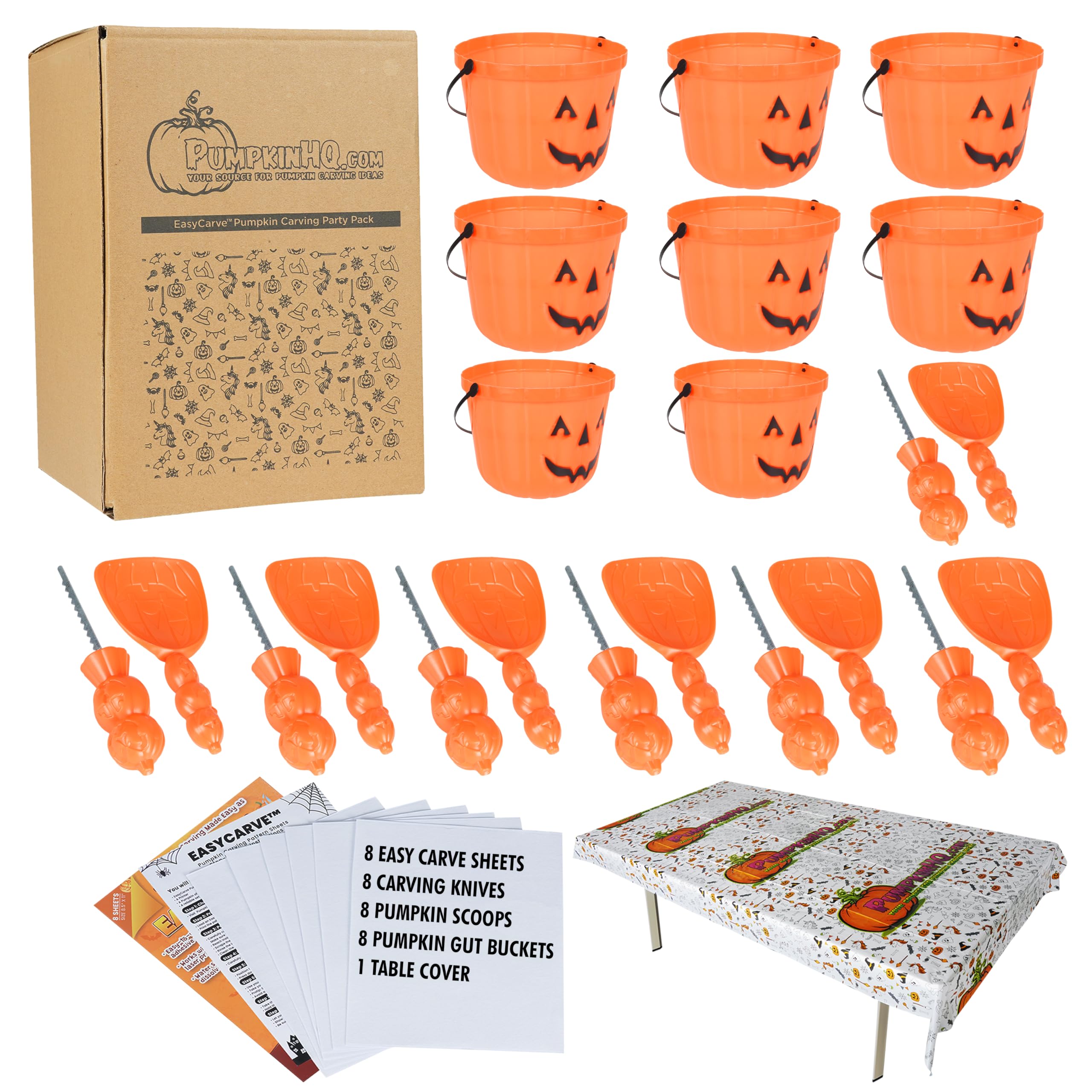 Halloween PumpKin Carving Party Kit – 8 Pcs Knives, Scoops, DIY Stencil Sheets, Gut Buckets & Table Cover – Heavy Duty Pumpkin Carving Kit for Halloween Door Decorations – Designed for 8 people