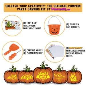 Halloween PumpKin Carving Party Kit – 8 Pcs Knives, Scoops, DIY Stencil Sheets, Gut Buckets & Table Cover – Heavy Duty Pumpkin Carving Kit for Halloween Door Decorations – Designed for 8 people