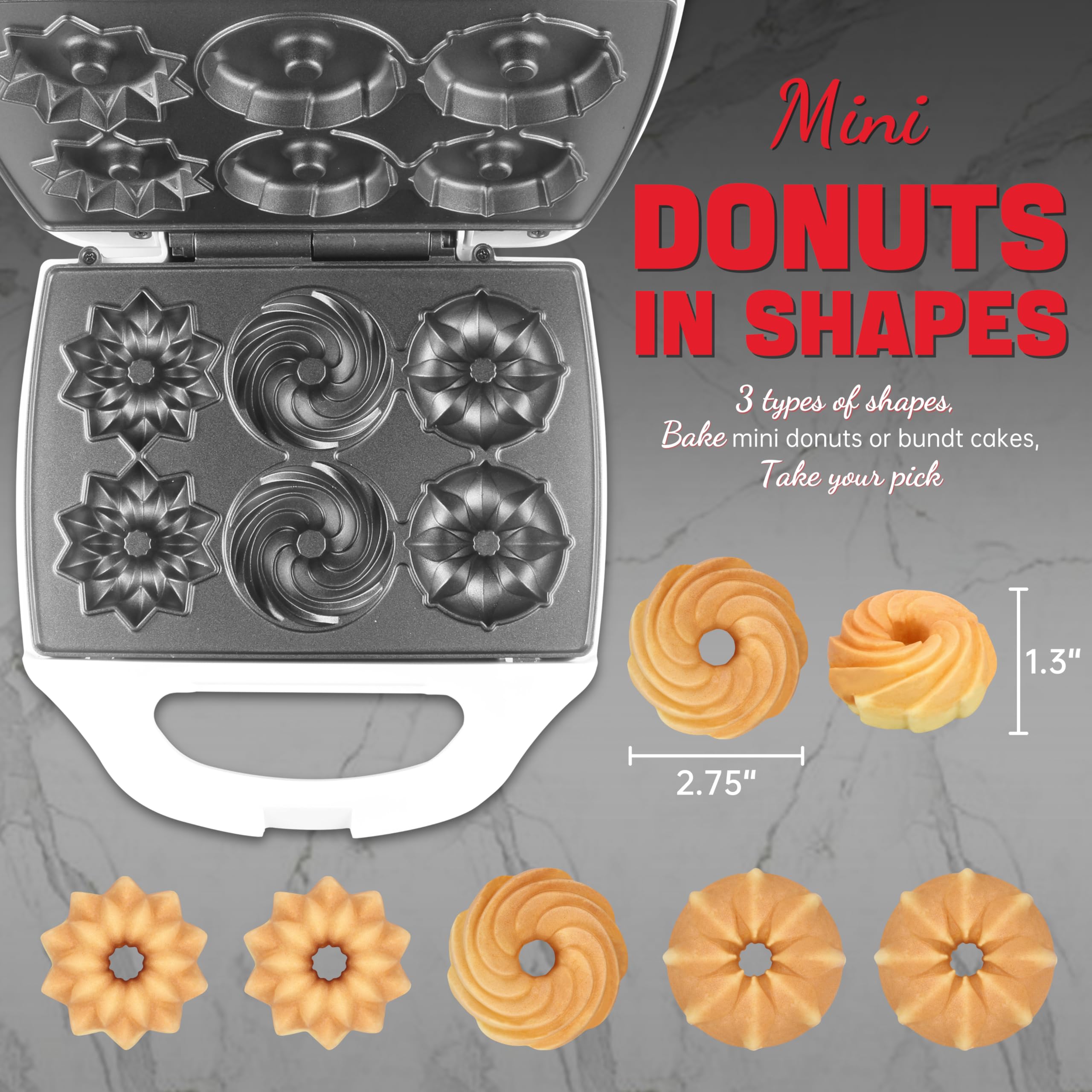 SugarWhisk Mini Donut Maker Machine, Electric Mini Bundt Cake Pan, Bake 6 Bundt Doughnuts with 3 Shapes, Excellent for Breakfast, Snacks, Desserts & More