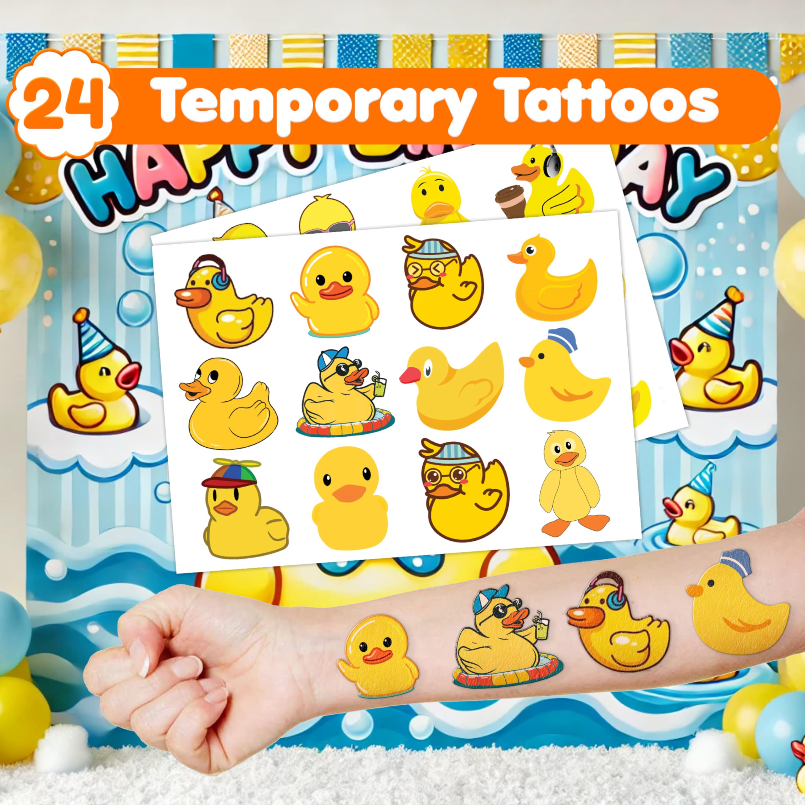 48PCS Duck Party Favors 24PCS Tattoos 24PCS Slap Bracelets Gifts Ideal Birthdays Party Supplies Decorations Cute Snap Bracelets Decor Baby Shower Classroom School Prizes Boys Girls Rewards