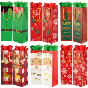 pinwatt 12pcs christmas wine bottle gift bags with tissues and tags, holiday wine gift bags bulk for wine bottles christmas wrapping