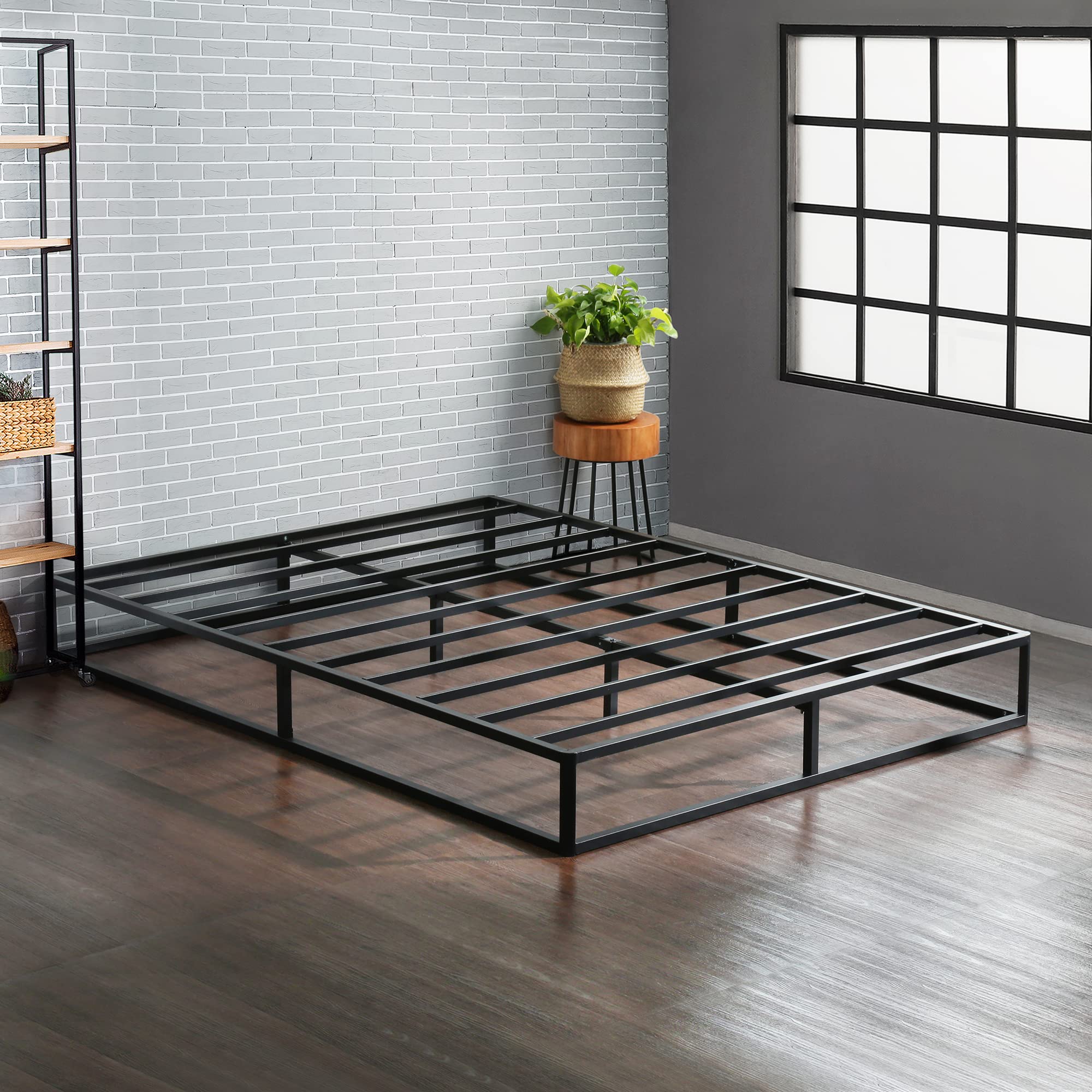 PrimaSleep 9 Inch Modern Metal Bed Frame/Mattress Foundation/Steel Slats/No Box Spring Needed/Sturdy/King Size/Black