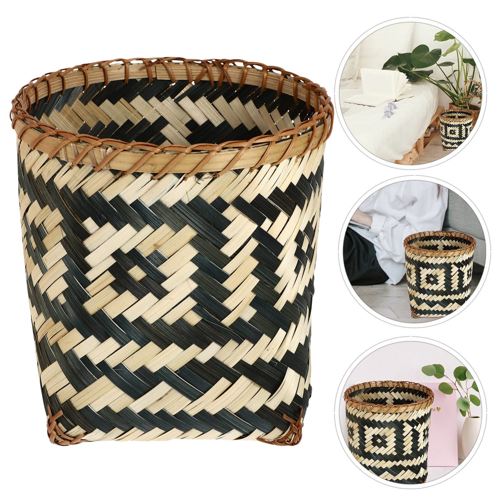 VOSAREA Bamboo Woven Trash Can Wicker Waste Basket Office Garbage Cans Round Waste Paper Bin Rubbish Basket Plant Flower Pot for Under Desk Bedroom Bathroom Home Office