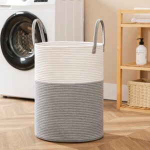 UBBCARE Tall Cotton Rope Laundry Hamper 15 x 20 inches, Large Grey Laundry Basket with Handles, Woven Storage Blankets Basket, Dirty Clothes Hamper for Living room, Bedroom